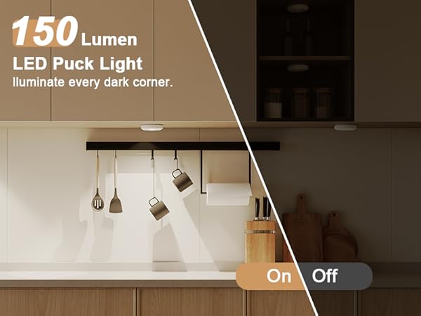 LED puck light in a kitchen setting with on/off switch and 150 lumen information.