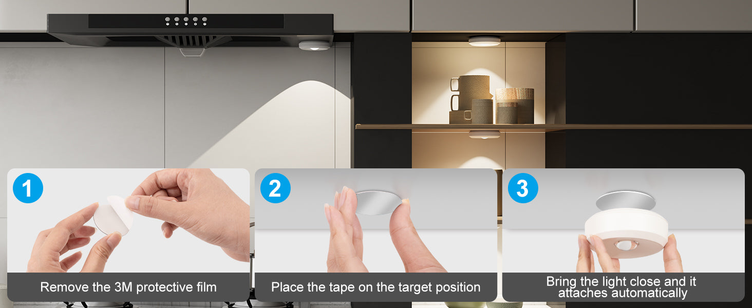 magnetic wireless installation guide for a light fixture with hands performing actions.