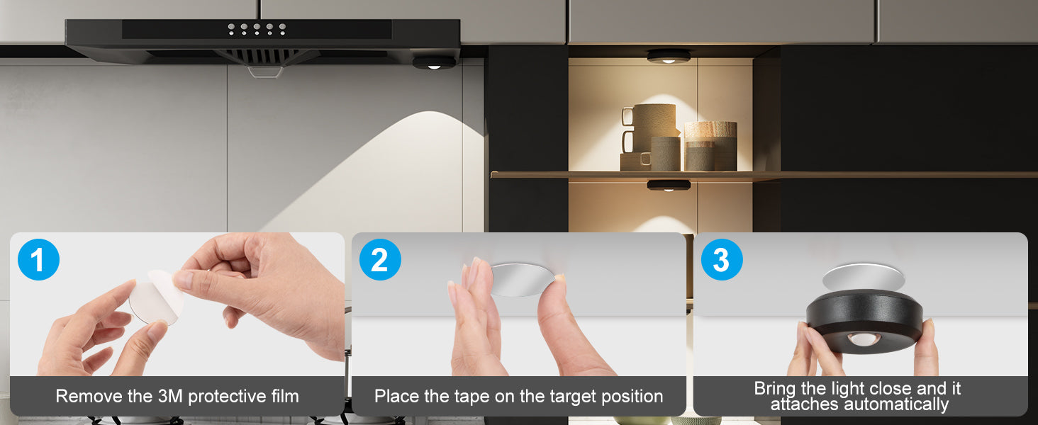 Step-by-step installation guide for a light fixture in a kitchen wireless puck lights