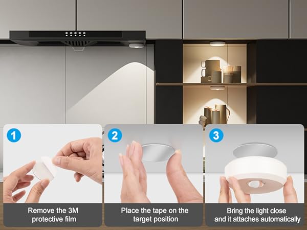wireless magnetic installation guide for a kitchen light fixture with close-up shots of hands performing actions.