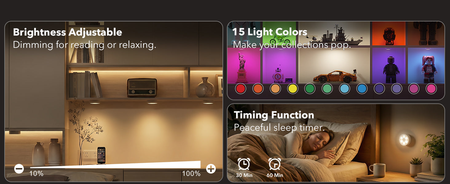 rechargeable puck lights with brightness adjustment, 15 light color options