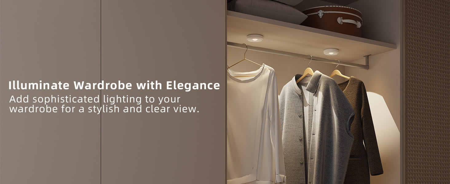 Closet with clothes on hangers illuminated by puck lights, text about enhancing wardrobe lighting.