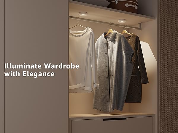 Closet light with clothes illuminated by lights, text 'Illuminate Wardrobe with Elegance' puck lights tap light led