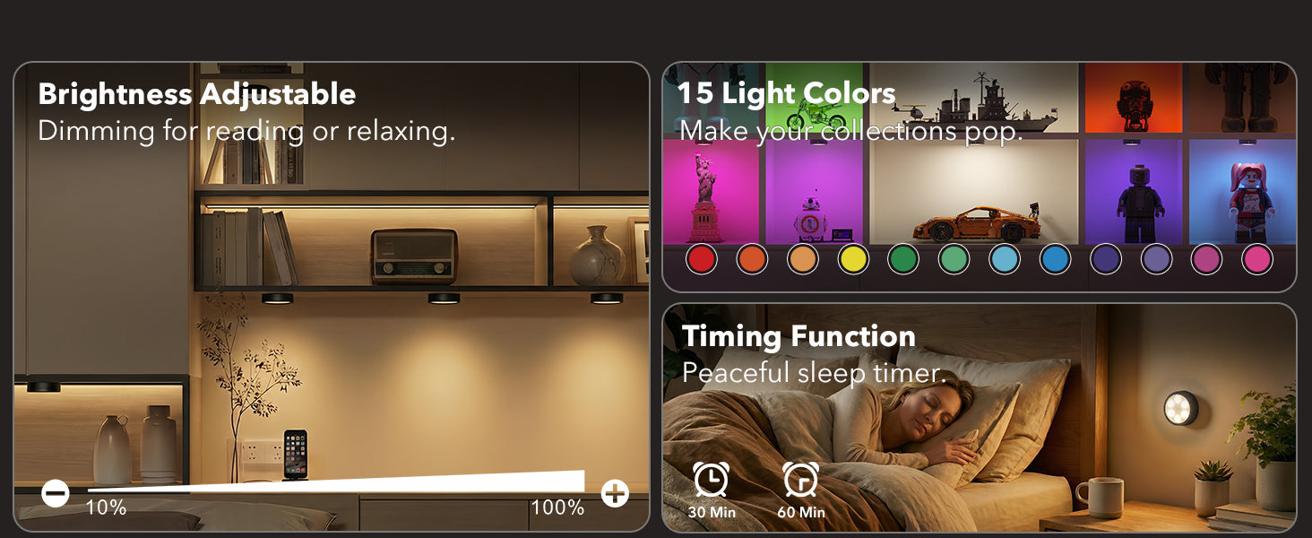 rechargeable puck lights with brightness adjustment, 15 light color options, and timing function.