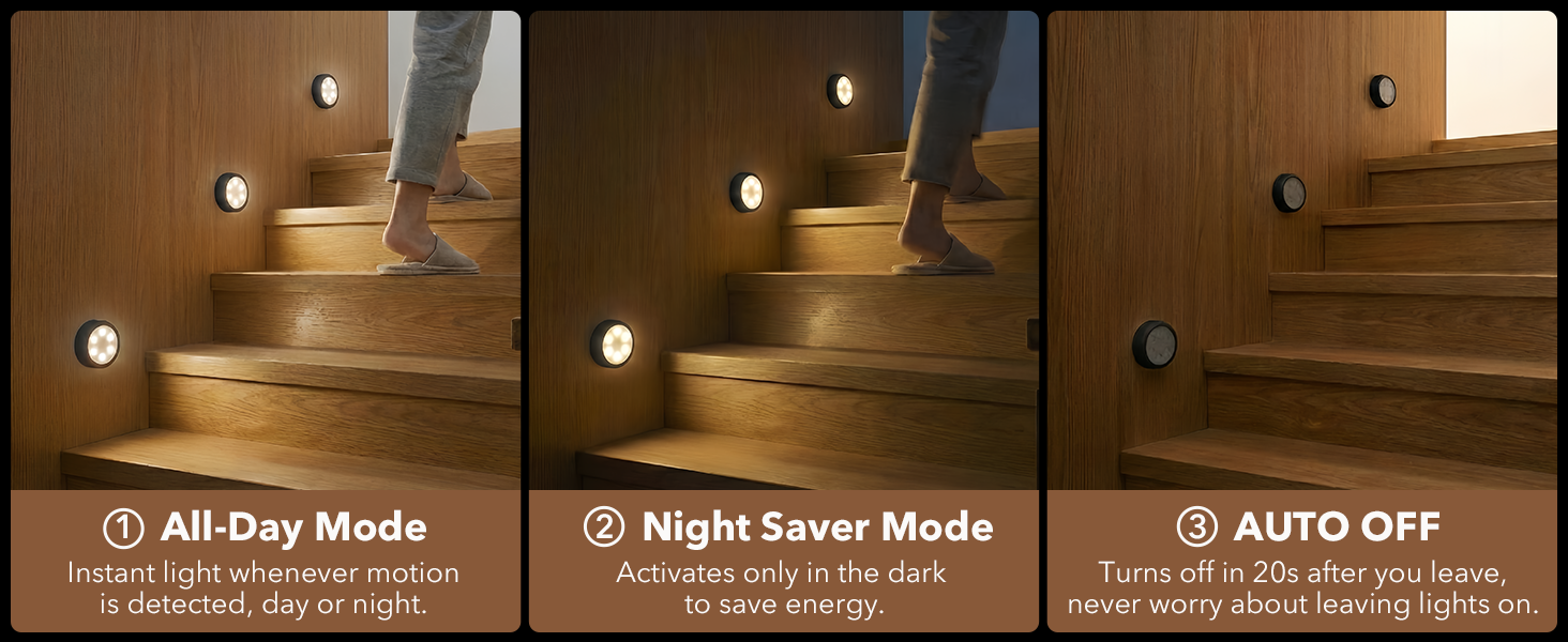 motion sensor puck lights  on wooden stairs 