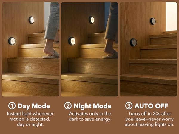 motion sensor puck lights  on wooden stairs 
