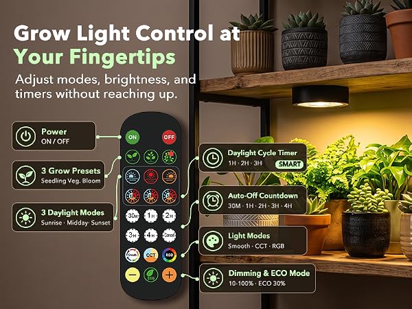 Dimmable plant light remote control with timers and RGB modes