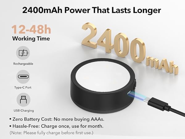 Black puck lights with  2400mAh battery and lasting 12-48h