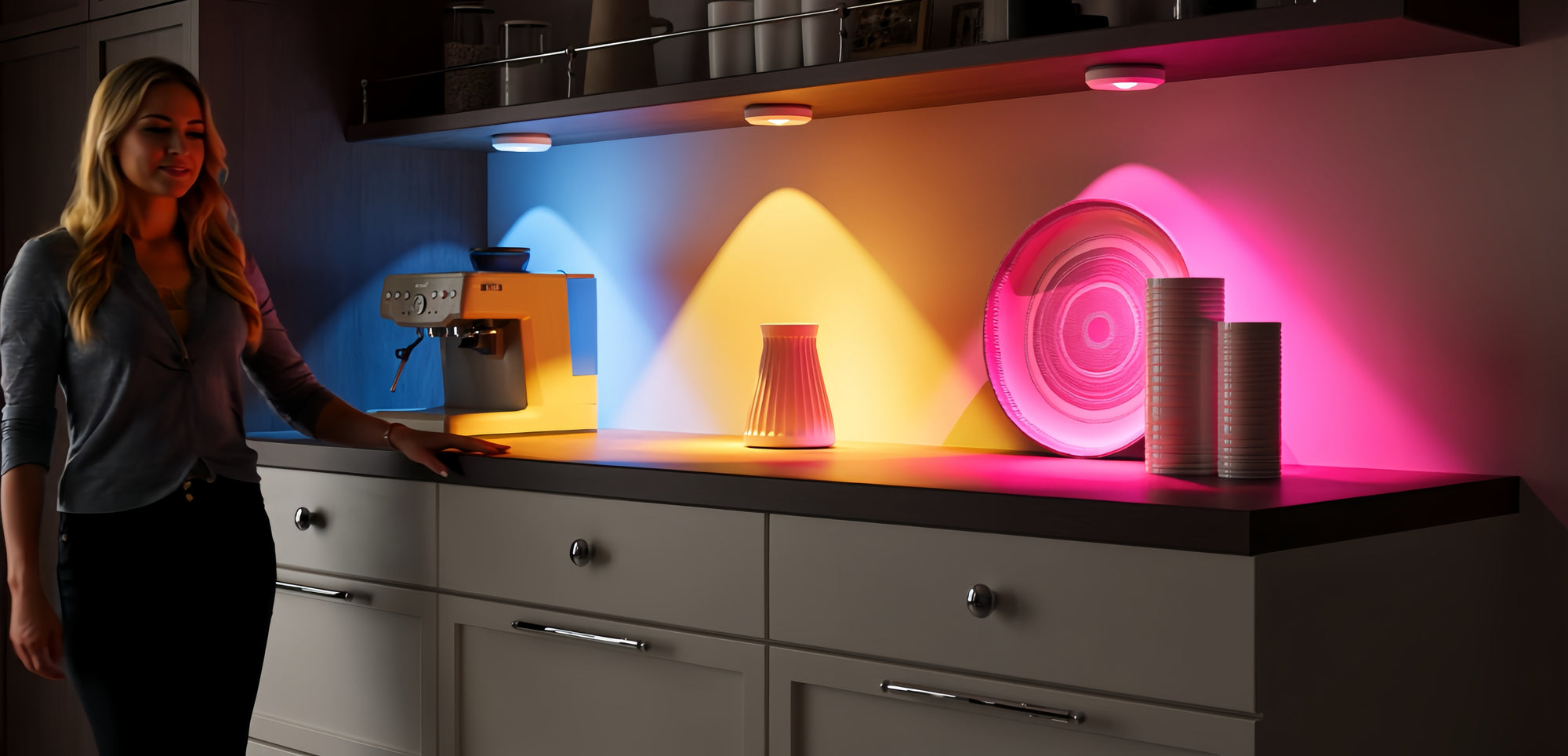 Woman standing in a modern kitchen with colorful puck lighting effects on the backsplash under kitchen counter